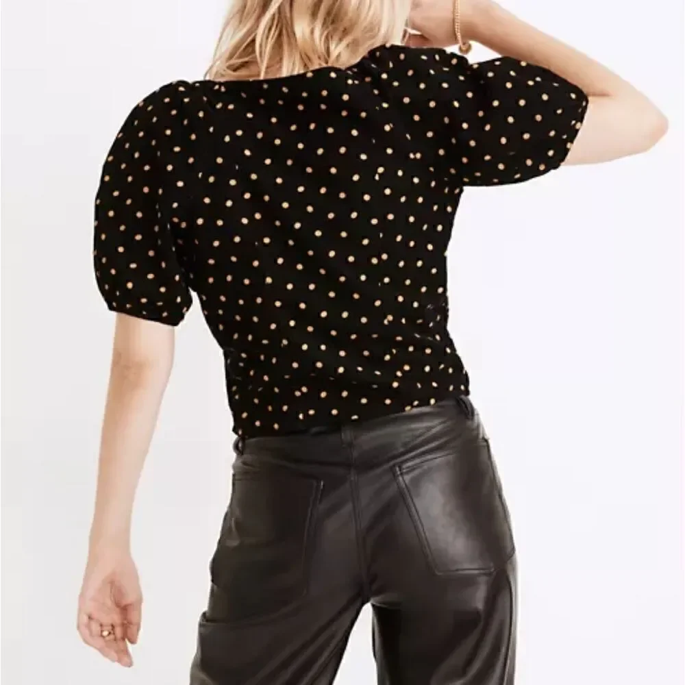Madewell Corduroy Black Yellow Polka Dot Wrap Top with Puff Sleeve Med